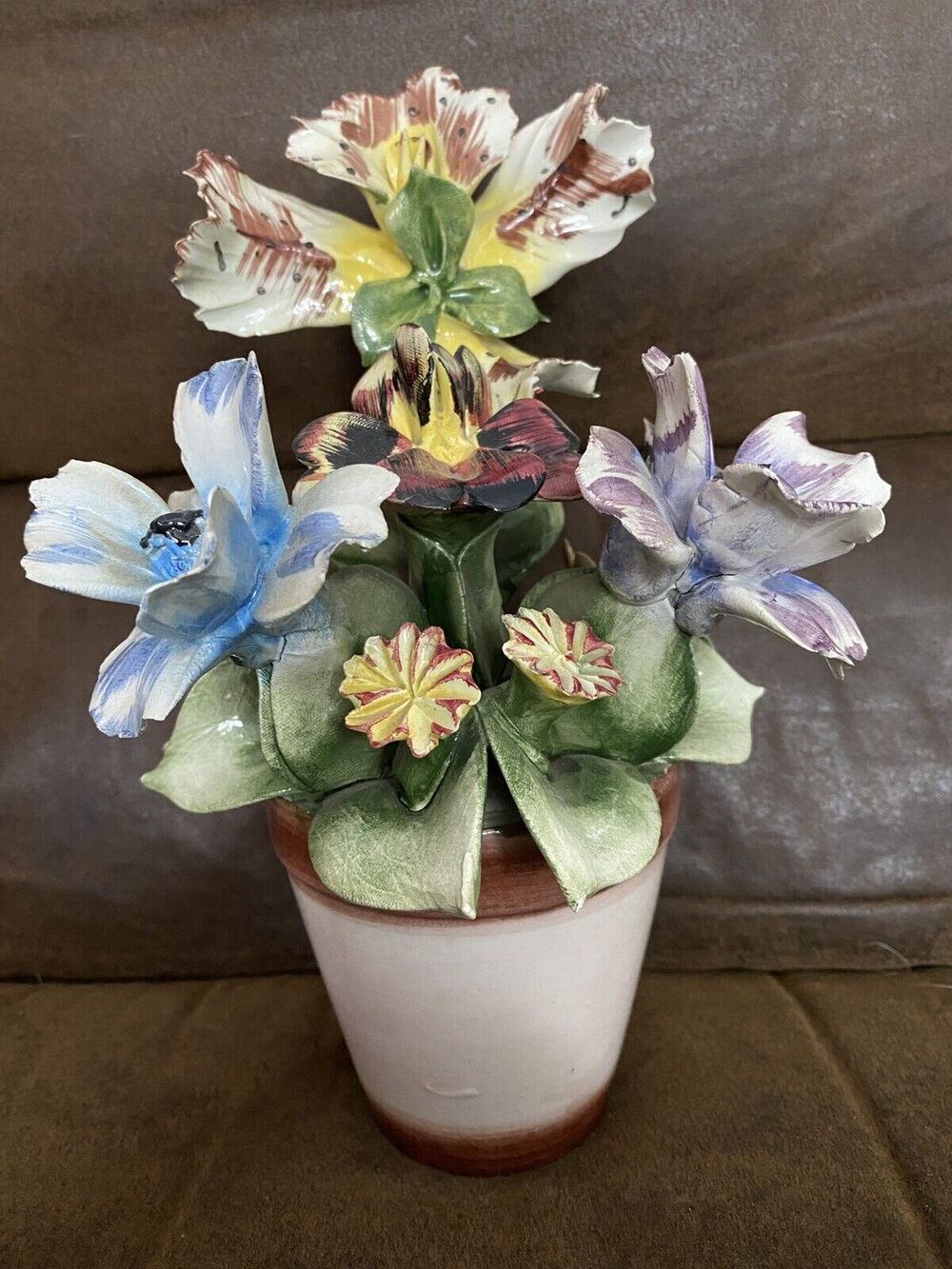 Antique Capodimonte Italian Iris Phlox, Carnation Floral In Pot